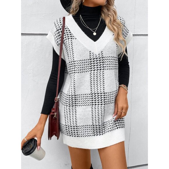 Women's V Neck Sleeveless Sweater Vest Plaid Cable Knit Fall Top Medium - Picture 4 of 5